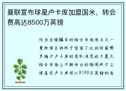 曼联宣布球星卢卡库加盟国米，转会费高达8500万英镑